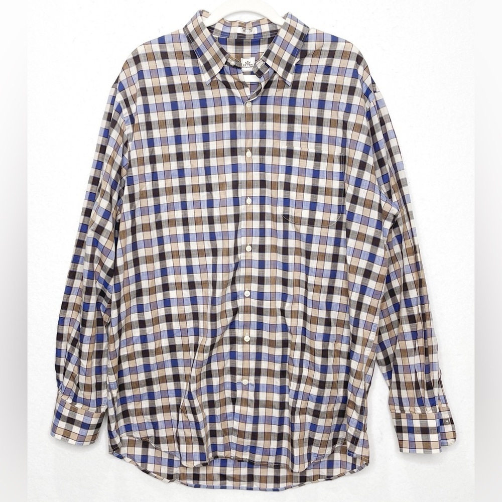 Peter Millar Men’s Brown Blue Checker Cotton Long Sleeve Button Down Shirt XL